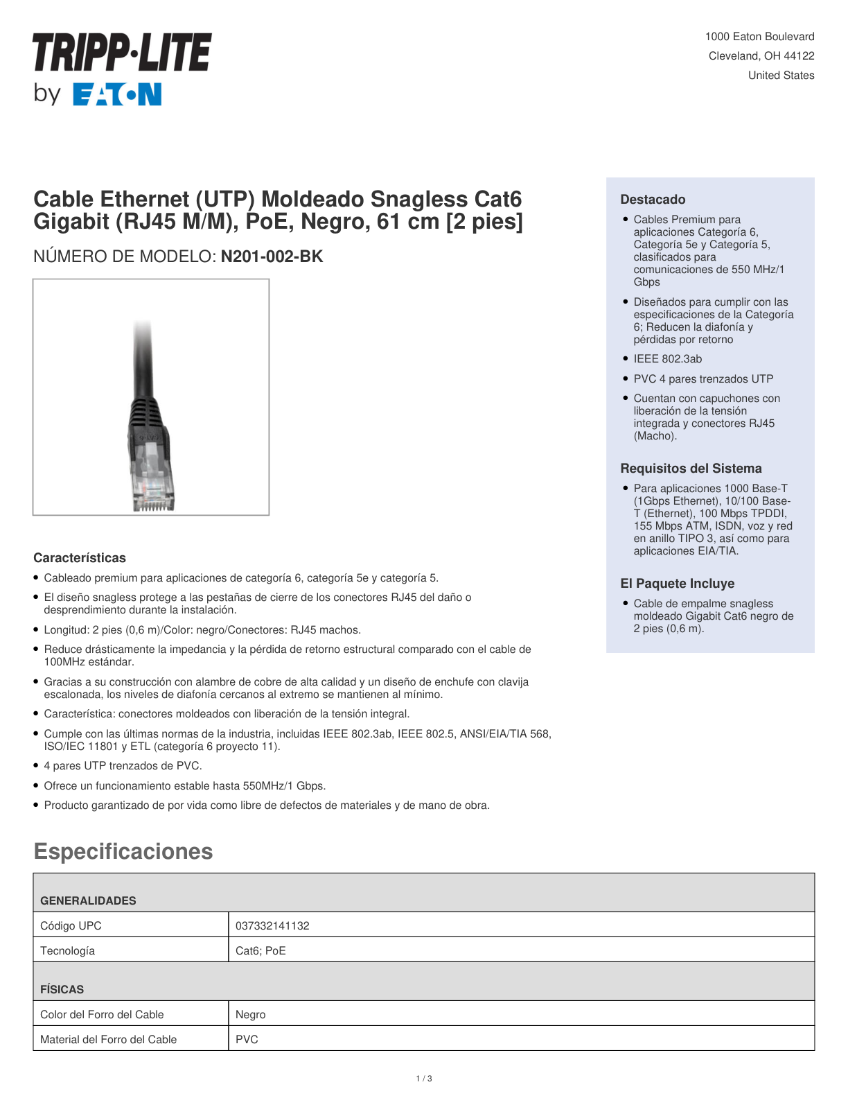 Cable patch UTP TrippLite N201-002-BK CAT 6 negro 0.61 m (2 pies) gigabit PoE RJ45 M/M Moldeado Snagless