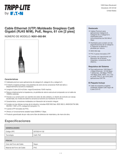 Cable patch UTP TrippLite N201-002-BK CAT 6 negro 0.61 m (2 pies) gigabit PoE RJ45 M/M Moldeado Snagless