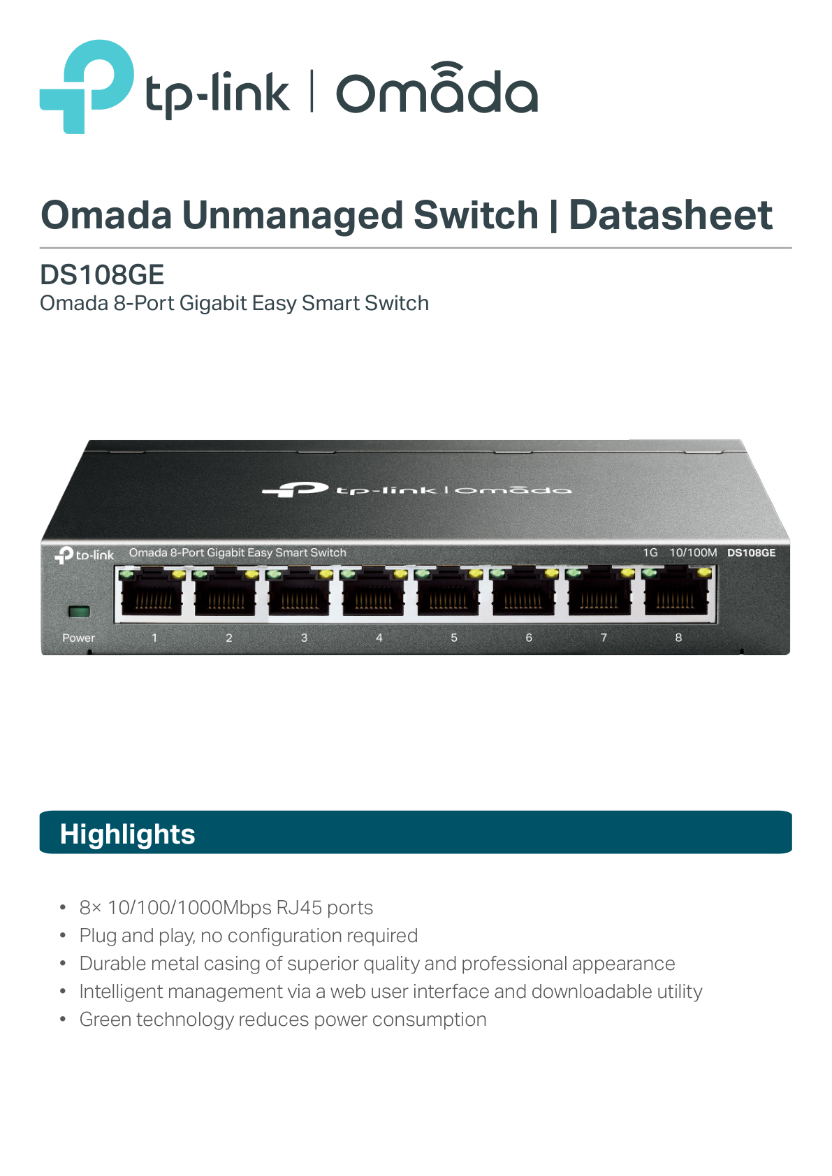 Switch TP-Link Omada Easy Smart DS108GE metálico de escritorio 8 puertos gigabit 10/100/1000Mbps NO COMPATIBLE CON Omada SDN