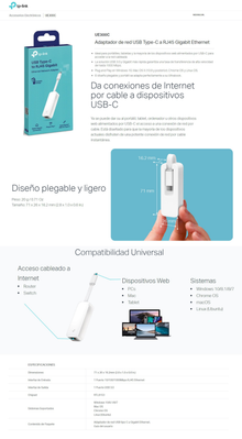 Adaptador TP-Link UE300C USB Tipo-C a RJ45 gigabit Ethernet plug and play