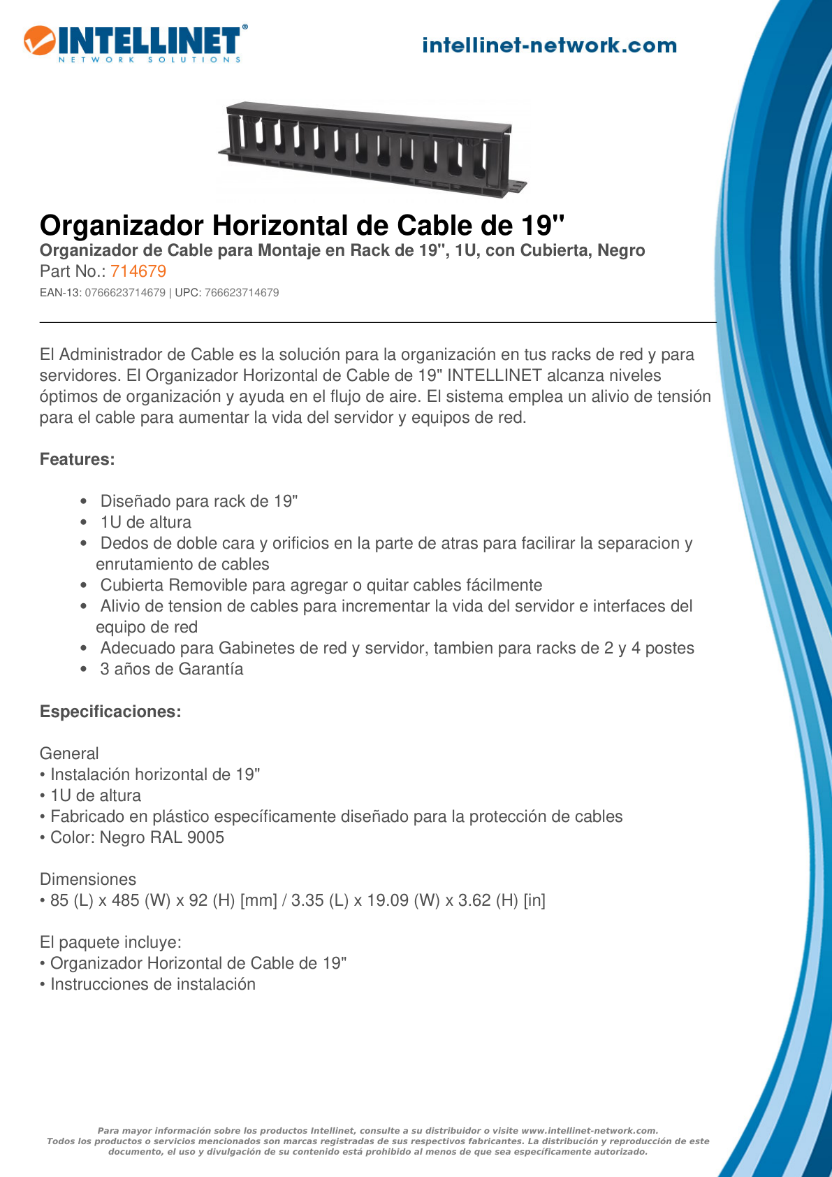 ORGANIZADOR DE CABLES INTELLINET PARA RACK 19 1U HORIZONTAL PLASTICO 8CM