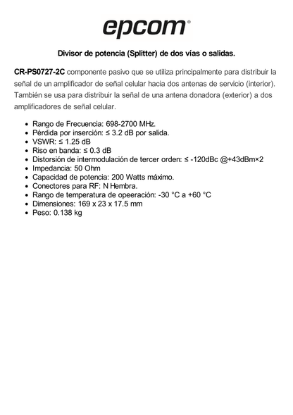 Divisor de Potencia de Dos Vías/ Splitter para distribuir la señal hacia dos antenas/  698-2700 MHz