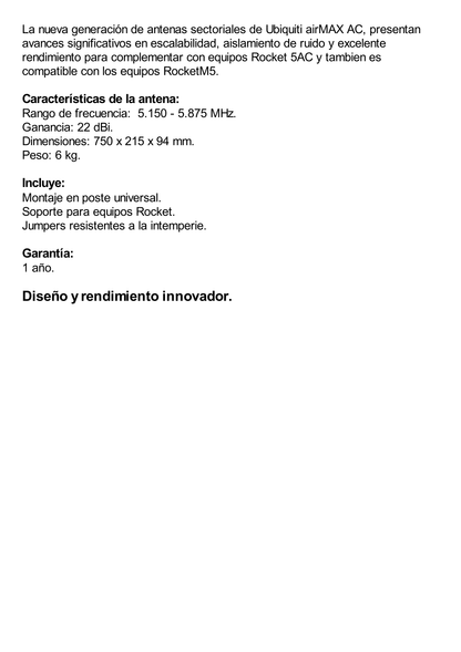 Antena sectorial para estaciones base airMAX AC de 45° de cobertura horizontal, en 5 GHz (5150 - 5875 MHz) de 22 dBi