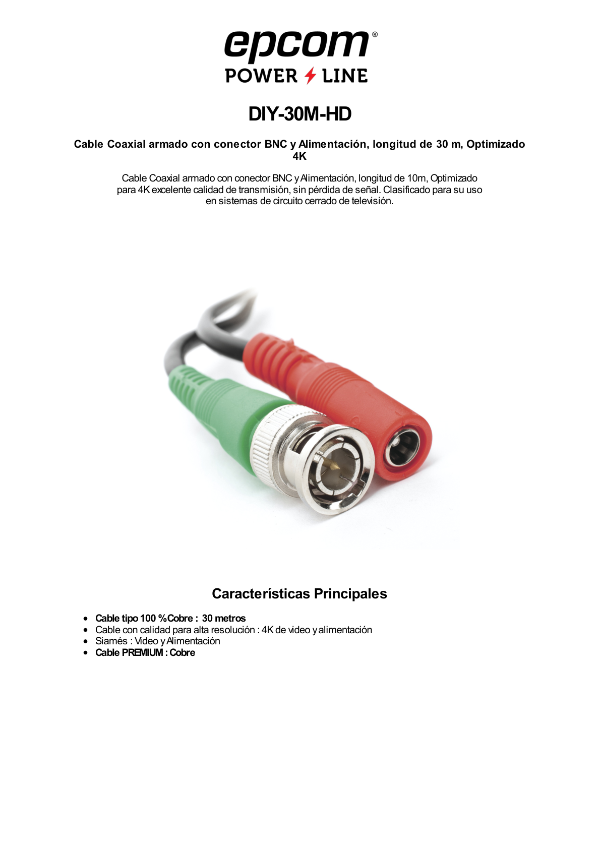 Cable coaxial ( BNC RG59 ) + Alimentación / SIAMÉS / 30 Metros / 100 % COBRE / Para Cámaras 4K  / Uso interior y exterior