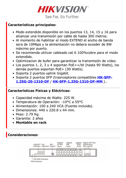 Switch PoE+ / No Administrable / 16 Puertos 100 Mbps PoE+ (4 Puertos PoE++ 90 W) / 2 Puertos 1000 Mbps Uplink + 2 Puertos SFP de Uplink / PoE hasta 250 Metros / 225 Watts