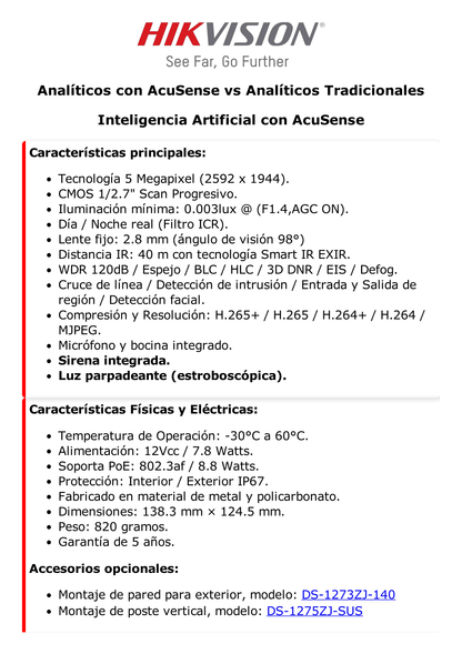 [ PROTECCIÓN ACTIVA ] Turret IP 5 Megapixel / Lente 2.8 mm / 40 mts IR / Exterior IP67 / Micrófono y Bocina Integrado / ACUSENSE (Evita Falsas Alarmas) / WDR 120 dB /  MicroSD