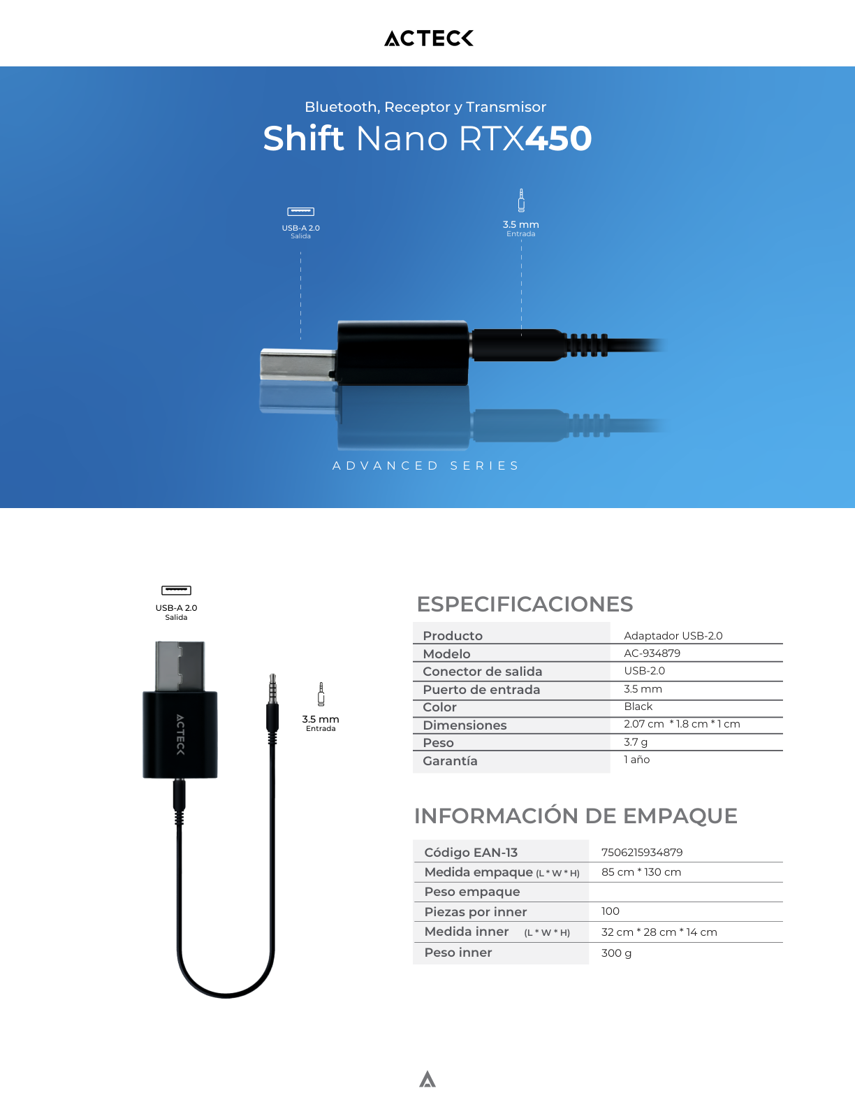 Adaptador Acteck USB-A/Bluetooth Shift Nano RTX450 Tipo Dongle Bluetooth 5.0 + Aux 3.5mm