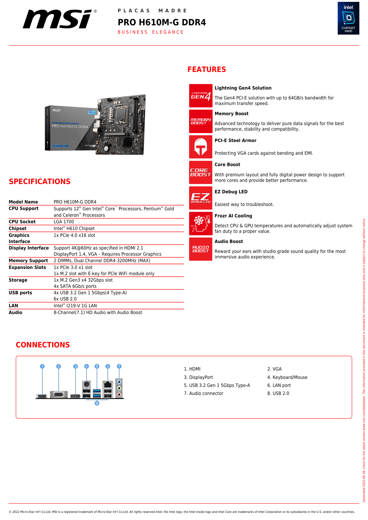 Tarjeta madre MSI Pro H610M-G DDR4 socket 1700 Gen 12/13/14 2xDDR4 HDMI DP VGA Micro ATX