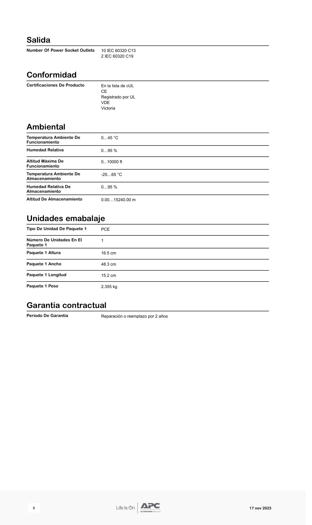 PDU básico APC AP9559 capacidad de carga 3680VA 120  208 y 203V rack 1U 12 contactos 10 IEC 60320 C13 y 2 IEC 60320 C19