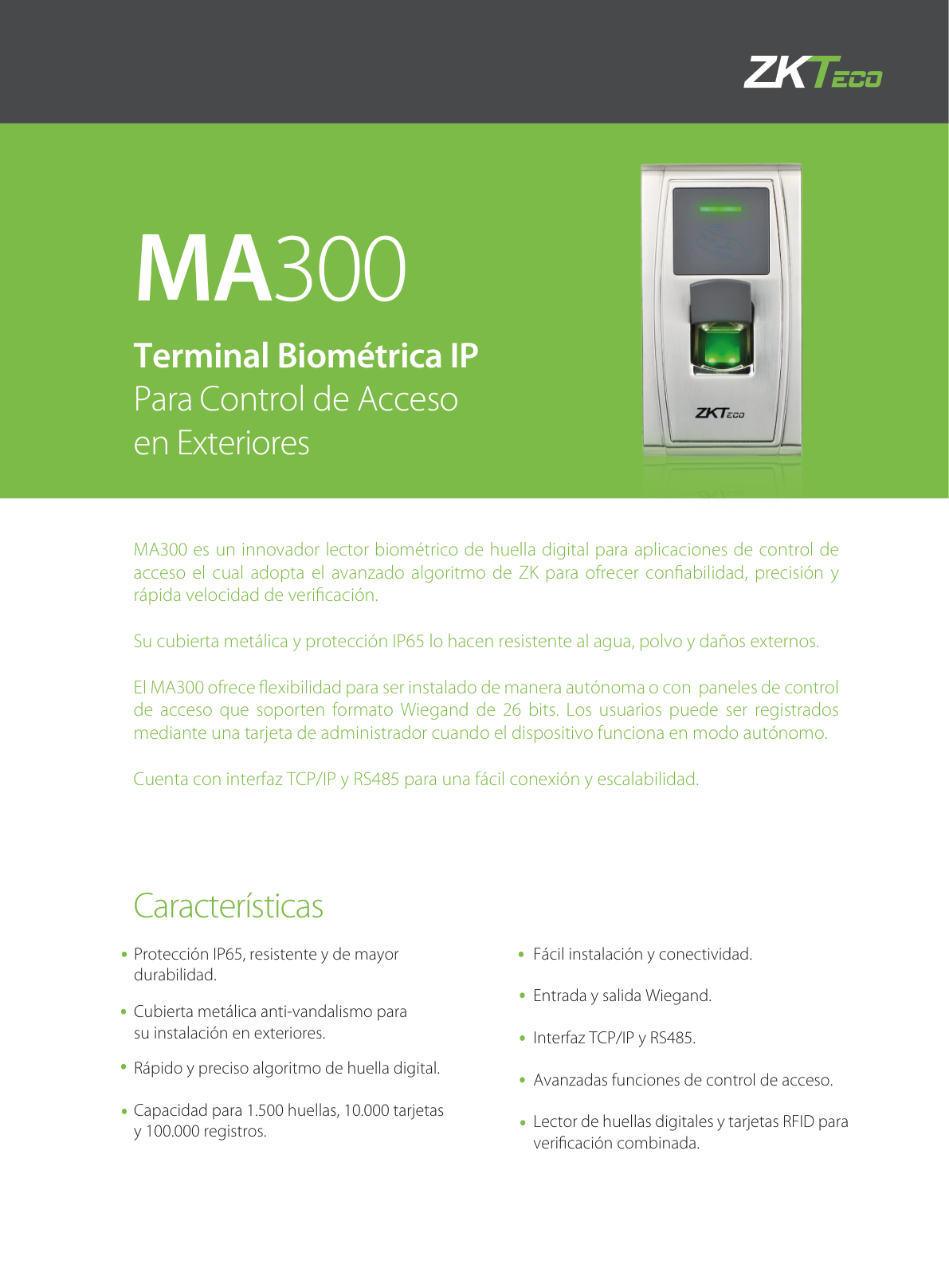 Control de acceso Zkteco MA300 - Lector biometrico con apertura de Puerta  / 1500 Huellas / 10000 Tarjetas ID / 100000 Registros