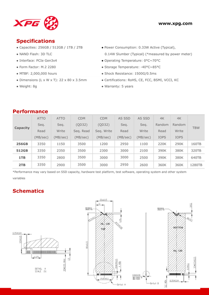 SSD M.2 2280 NVME/PCIE 1TB ADATA XPG SX8200PRO GEN 3X4 SOPORTA 1.3 VELOCIDAD 3500/3000 MBPS