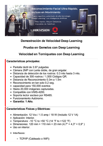 Terminal WIFI de Reconocimiento Facial ULTRA RÁPIDO y lectura de CÓDIGOS QR / Asistencia + Control de Acceso / Soporta APP de Hik-Connect (P2P) / Hasta 1.5 Mts de Reconocimiento Incluso en Movimiento