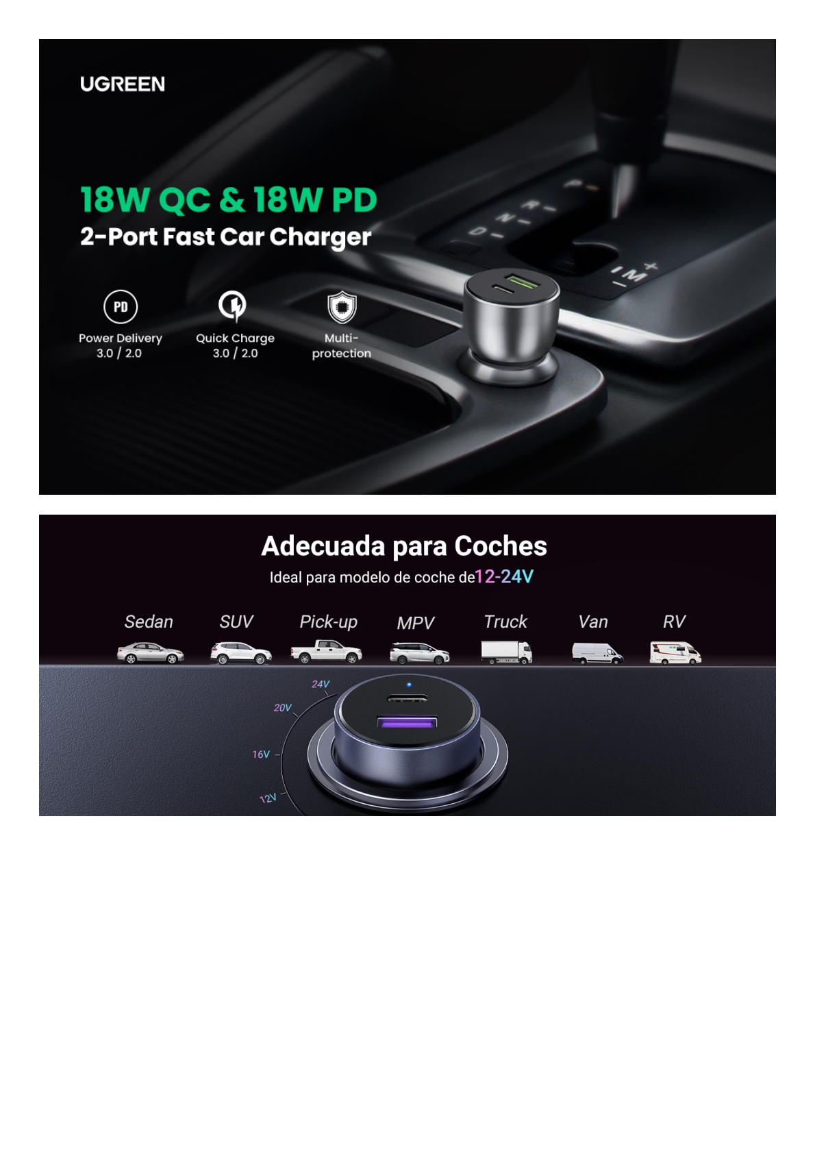 Cargador de Auto 42.5W | Puerto USB-A y USB-C | Carga Rápida | Compatible con Vehículos de 12 y 24 VCD | PD3.0 + QC3.0 | Chip Inteligente | Diseño Compacto  Mayor Eficiencia Energética | Caja de Aluminio.