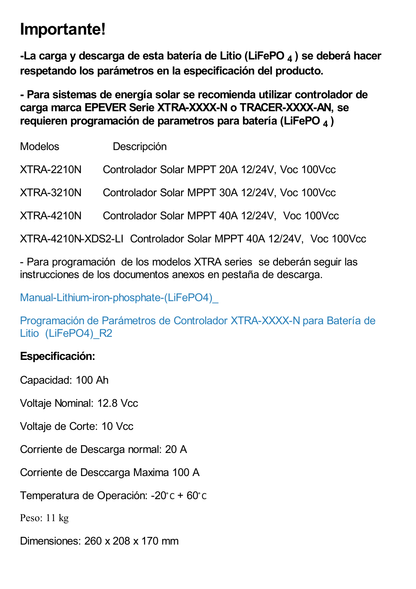 Batería de Litio Ciclo Profundo, 12.8 Vcc 100Ah (LiFePO4 de Celdas Cilíndricas) , Solar, Marina, Máximo 100 A de Descarga