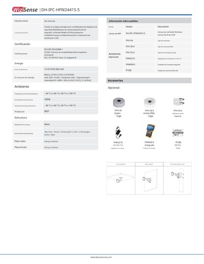 Camara Dahua DH-IPC-HFW2441S-S IP bullet 4 mpx lente 2.8 mm 95 gds IR de 30 m WDR de 120 dB PoE IP67