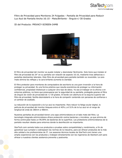 Filtro StarTech de Privacidad Para Monitor de 24  Pantalla de Privacidad Para Reducir Luz Azul Ancha 16:10 - Mate/Brillante Ángulo +/-30 Grados