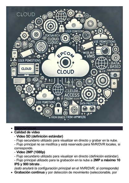 Suscripción Anual Epcom Cloud / Grabación en la nube para 1 canal de video a 2MP con 30 días de retención / Grabación continua