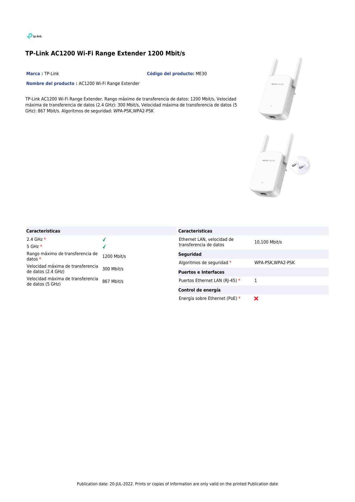 Extensor de rango inalámbrico Mercusys ME30 AC1200 modo AP 1 puerto RJ45 10/100M y 2 antenas externas