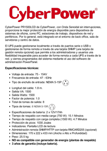 UPS de 1500 VA/1500 W, Topología Línea Interactiva, Entrada 120 Vca NEMA 5-15P, Onda Senoidal Pura, Mini Torre, Con 8 Tomas NEMA 5-15R