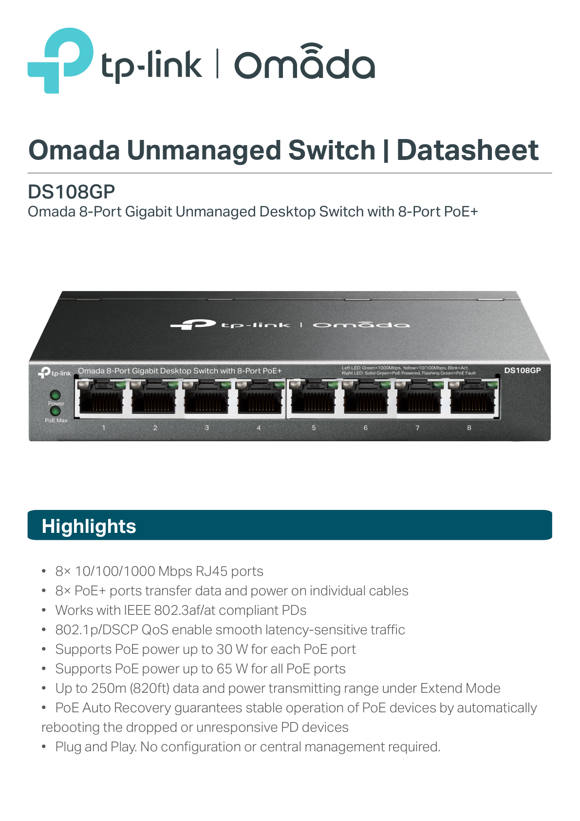 Switch TP-Link Omada DS108GP metálico escritorio/ montaje pared 8 puertos gigabit PoE+ 802.3af/at max. 64W no administrable