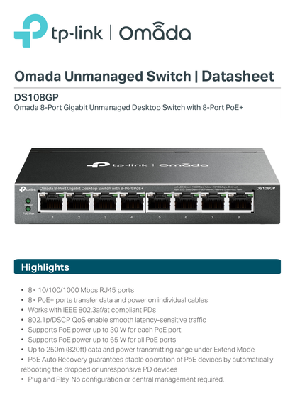 Switch TP-Link Omada DS108GP metálico escritorio/ montaje pared 8 puertos gigabit PoE+ 802.3af/at max. 64W no administrable