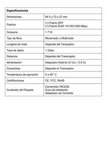 Convertidor Fibra Óptica Monomodo o Multimodo / 1 Puerto SFP 1000 Mbps / 1 Puerto RJ45 10/100/1000 Mbps / Plug and Play