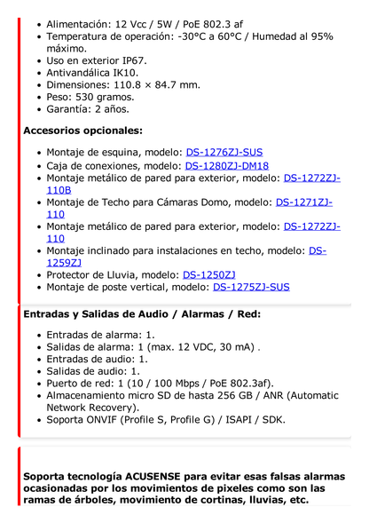 Domo IP 2 Megapixel / Lente 2.8 mm / 30 mts IR EXIR /Exterior IP67 / IK10 / WDR 120 dB / PoE / ACUSENSE (Evita Falsas Alarmas) / Entrada y Salida de Audio y Alarma / MicroSD / ONVIF