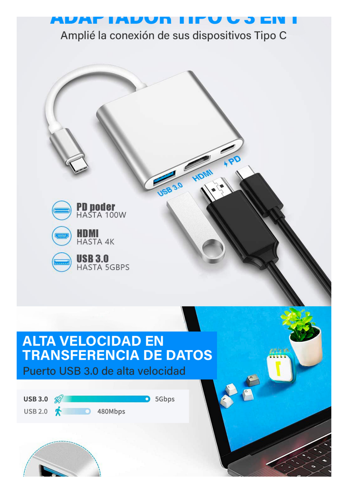 Adaptador Multipuerto USB-C 3.1 A HDMI 4K / USB 3.0 / USB – C /  Alta Velocidad de Transmisión de Datos / Admite Carga Rápida (PD) en el Puerto USB – C