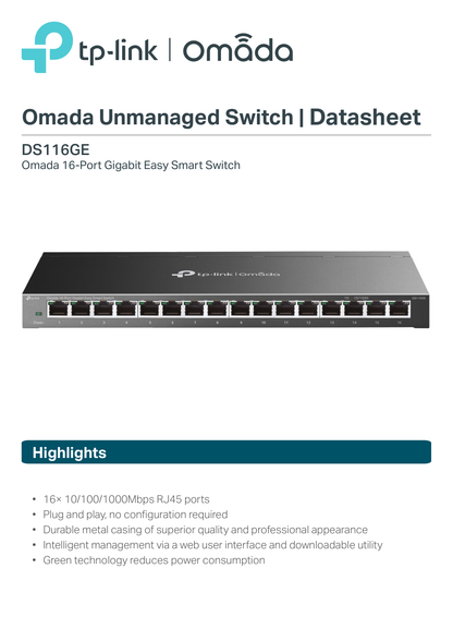 Switch TP-Link Omada Easy Smart DS116GE metálico escritorio 16 puertos gigabit AUTO Negotiation/AUTO MDI/MDIX