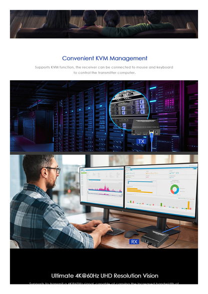 Kit Extensor KVM (HDMI y USB) hasta 120 metros | Transmite el Video y Controla tu DVR vía USB a distancia | Soporta resolución 4K @60Hz | Cat 6, 6a y 7 | Salida Loop en el Tx para visualización local