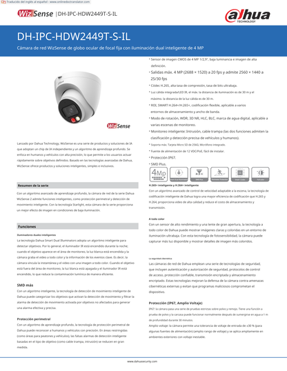 Camara Dahua DH-IPC-HDW2449T-S-IL IP domo 4 mpx lente 2.8 mm IR 30 m metalica 95 gds con micrófono ranura microsd wisenet PoE