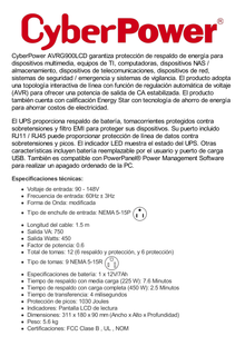 UPS de 750 VA/450 W, Topología Línea Interactiva, Entrada 120 Vca NEMA 5-15P, Tipo Gabinete Compacto, Con 12 Tomas NEMA 5-15R