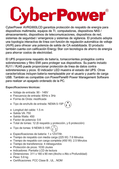 UPS de 750 VA/450 W, Topología Línea Interactiva, Entrada 120 Vca NEMA 5-15P, Tipo Gabinete Compacto, Con 12 Tomas NEMA 5-15R