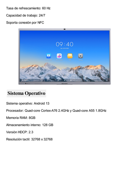 Pantalla Interactiva Touch de 86" Android 13 (Actualizable a Android 14) / Cámara Web 8 MP / Resolución 4K / Bocinas Integradas / Entradas HDMI y VGA / Incluye 2 Lápices para Escribir