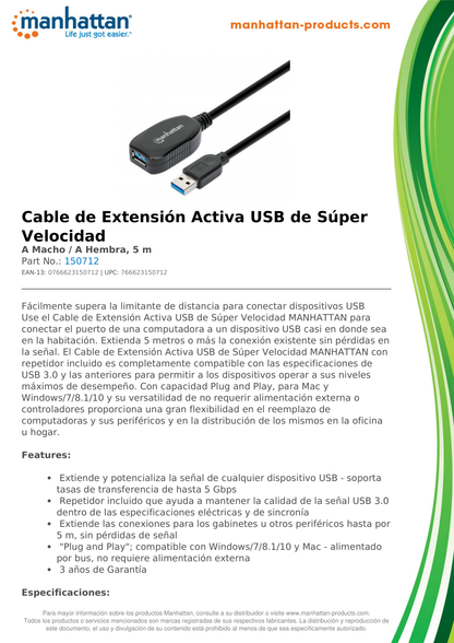 Cable Manhattan Extensión Activa USB 3.0 5M