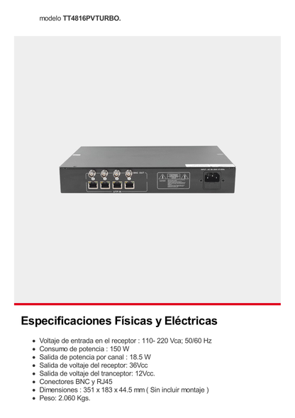 Kit de 4 canales de para transmisión de ALIMENTACION ( de 36 Vcc a 12Vcc )  y VIDEO (HD-TVI) a distancias de hasta 250 mts.