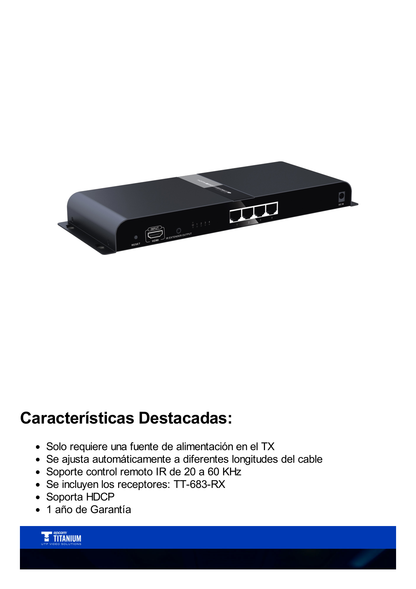 Kit Divisor y Extensor HDMI (Extender Splitter)  / Divide 1 Fuente HDMI a 4 Pantallas / Extiende la señal HDMI hasta 120 m / Resolución 1080P @ 60 Hz / Cat 6/6a / Soporta IR / Baja Latencia / Uso24/7 / Alimente solo el Tx (PoC).