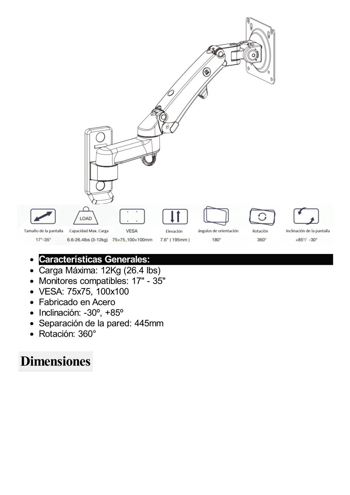 Montaje de Pared para Monitores de 17 a 35" / Soporta hasta 12 Kg / Vesa 75 x 75 / 100 x 100 / Acero