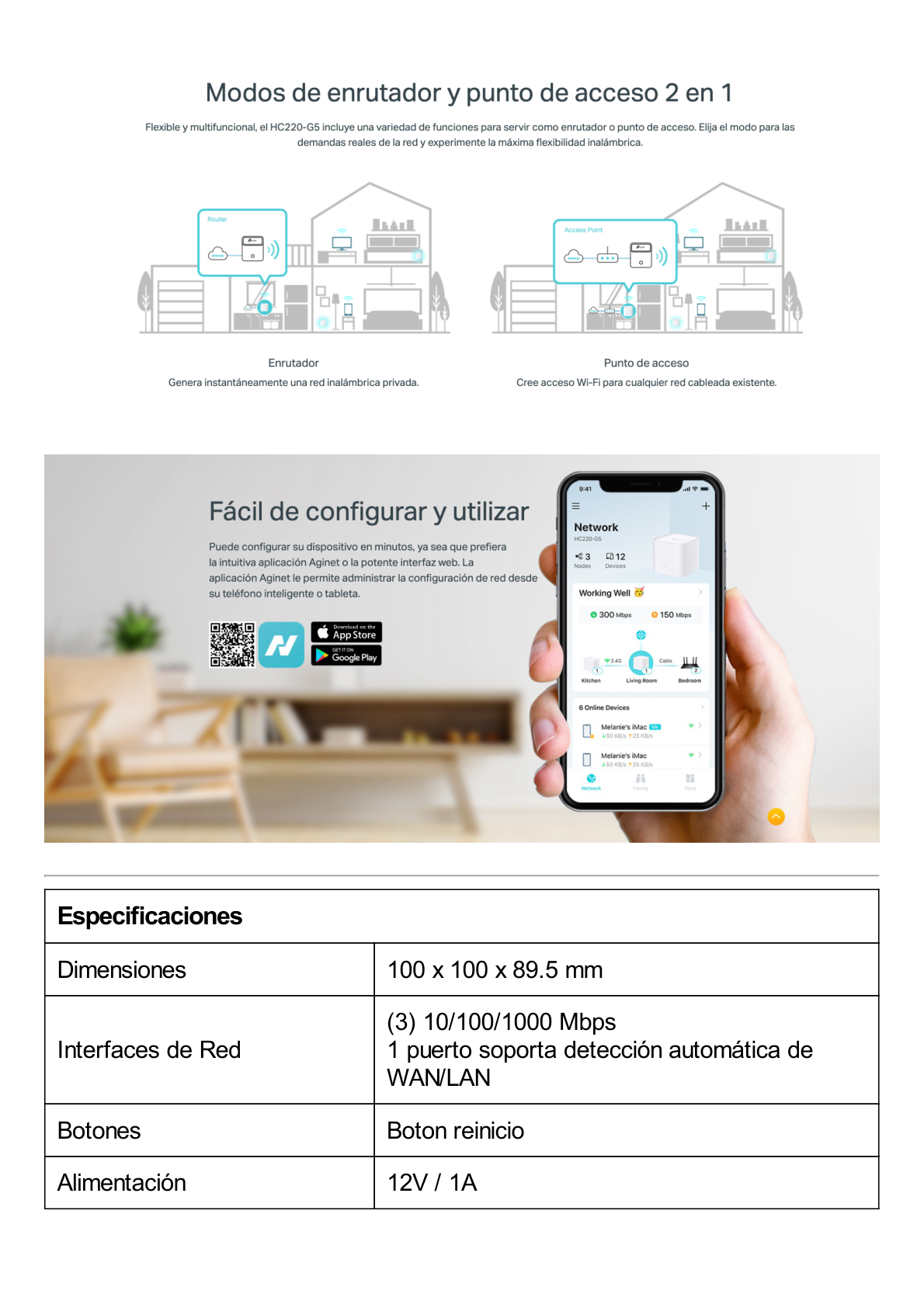 Router Inalámbrico Mesh / Configuración AGINET / Doble Banda AC 1200  / 3 puertos 10/100/1000 Mbps / Compatible con EasyMesh