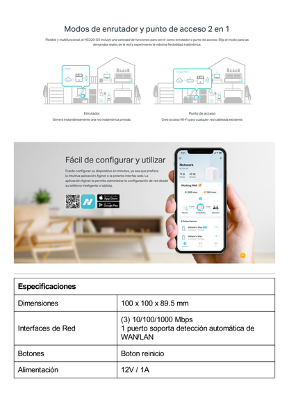 Router Inalámbrico Mesh / Configuración AGINET / Doble Banda AC 1200  / 3 puertos 10/100/1000 Mbps / Compatible con EasyMesh