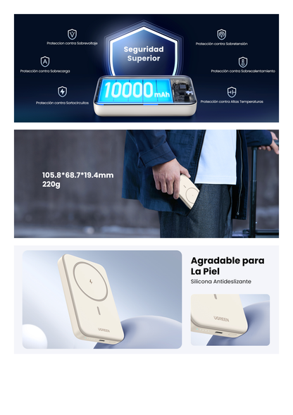 Power Bank MagSafe de 10000mAh | 20W | Carga Inalámbrica y por Cable USB-C | Sistema de Protección Inteligente | Tecnología de Carga Rápida | Ultra Delgado | Ultra ligero | Compatible con iPhone 15/14/13/12 | Color Beige.