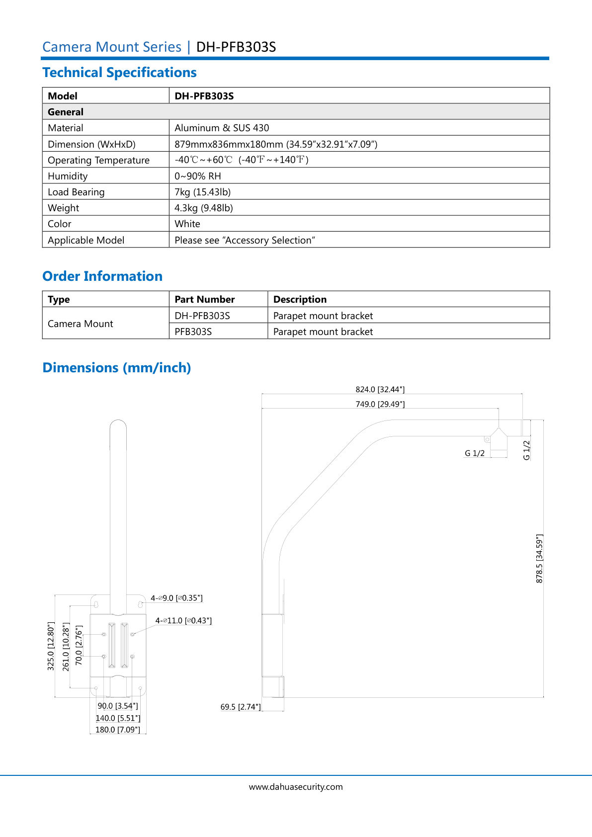 Soporte Dahua DH-PFB303S  para montaje en parapeto/ giratorio/ diseño estetico/ compatible con camaras ptz series SD59/ SD50/ SD40