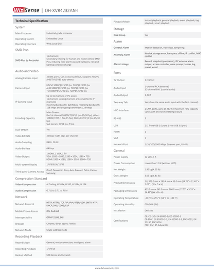 DVR Dahua DH-XVR4232AN-I(V2.0) 32 canales de1080p lite wizsense h265 codificacion IA 2 bahias de discos duros hasta 16 canales ip busqueda inteligente humanos y vehiculos