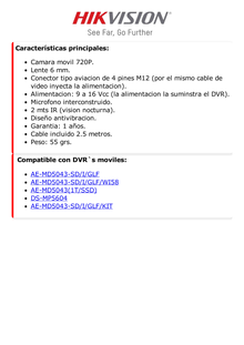 Cámara Movil 720p / Lente 6 mm / Conexión Tipo Aviación / Micrófono Integrado / 3 Mts IR / DBA (Analisis de Comportamiento del Conductor) para Montaje en Vehículo Compatible con DVRs Moviles HIKVISION