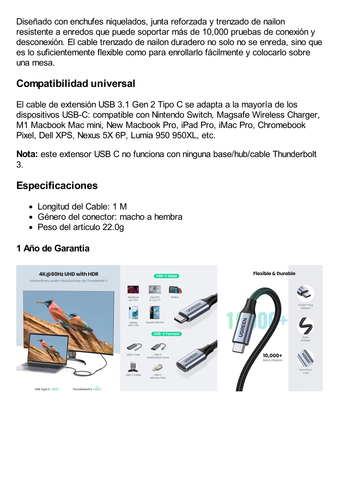 Cable USB-C Macho a USB-C Hembra | 1metro | USB-C 3.1 Gen 2 | Compatible con Thunderbolt 3 | Carcasa de Aluminio | Nylon Trenzado |  Transferencia de Datos 10 Gbps | Soporta hasta 100W para Carga Rápida.