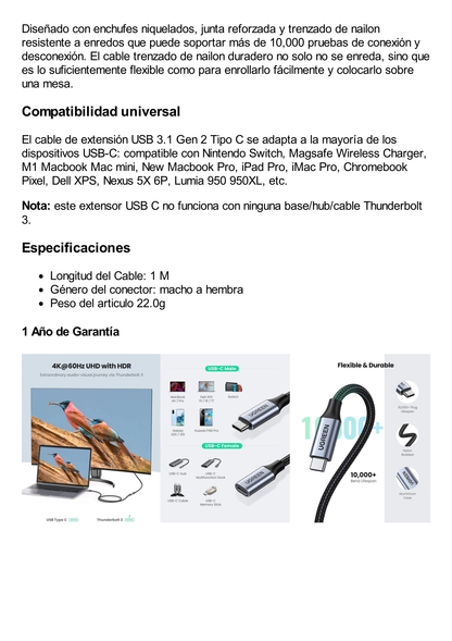 Cable USB-C Macho a USB-C Hembra | 1metro | USB-C 3.1 Gen 2 | Compatible con Thunderbolt 3 | Carcasa de Aluminio | Nylon Trenzado |  Transferencia de Datos 10 Gbps | Soporta hasta 100W para Carga Rápida.