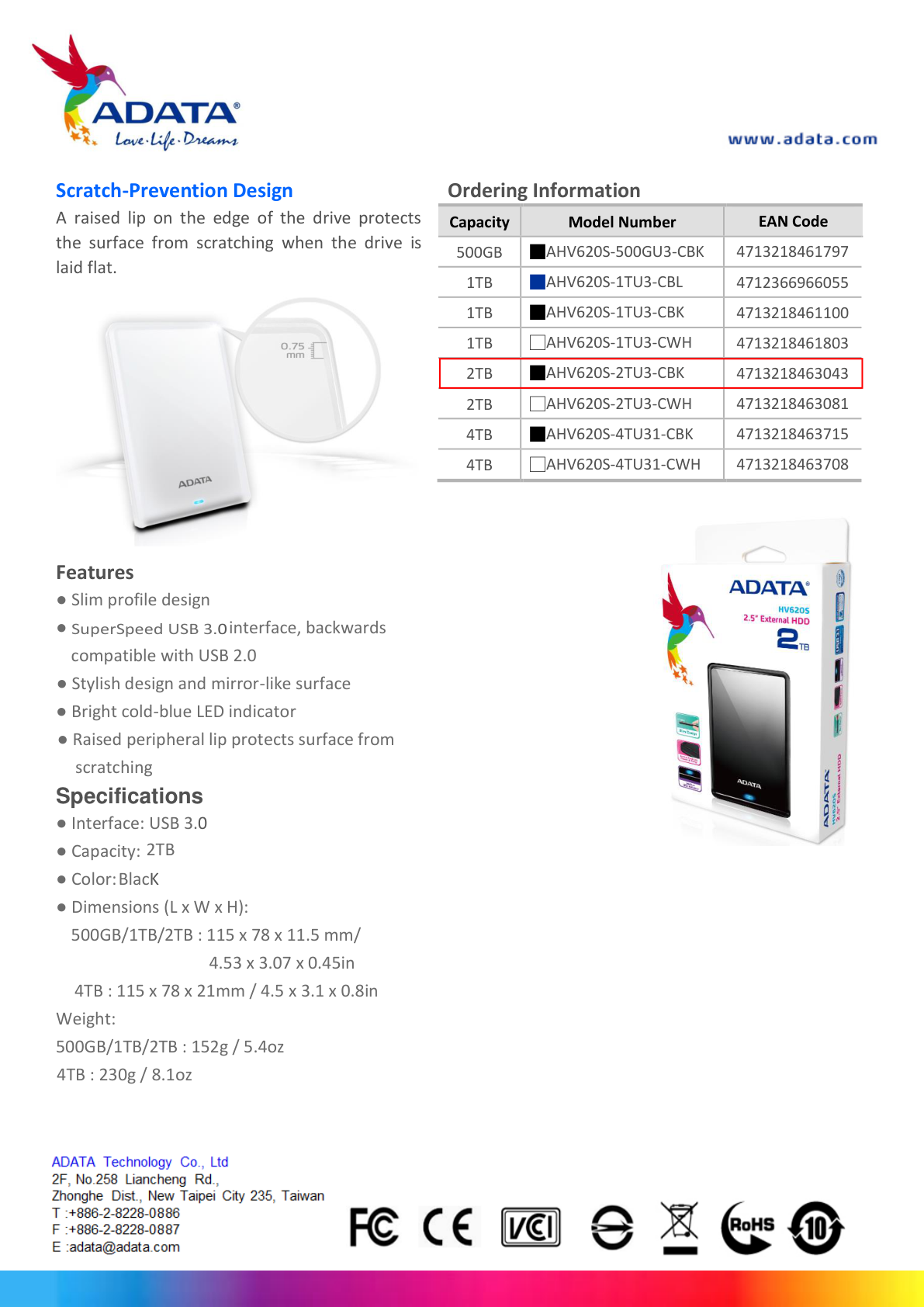 HD EXT 2TB ADATA 2.5 USB 3.0 SLIM AHV620S-2TU31-CBK NEGRO