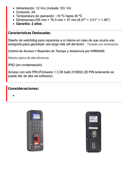 Biométrico WiFi de Acceso y Asistencia Compatible con APP Hik-Connect (P2P) / Lectura de Huella y Tarjetas EM / TCP/IP / 150,000 Eventos / Relevador para Chapa y Reportes de Asistencia