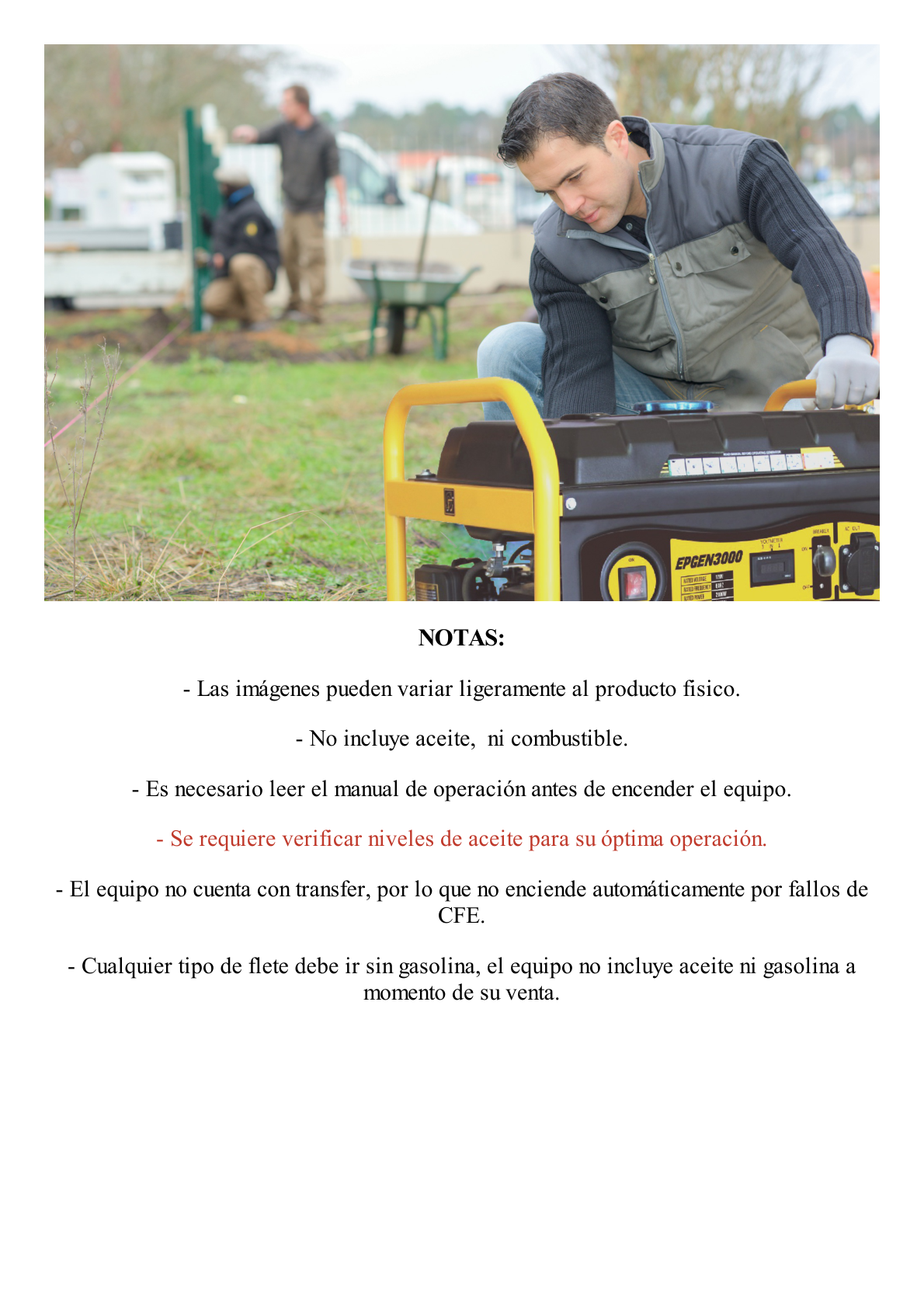 Generador a Gasolina / Planta de Emergencia 3kW, 110Vca, Encendido de Jalón, Jaula con Ruedas para Fácil Traslado