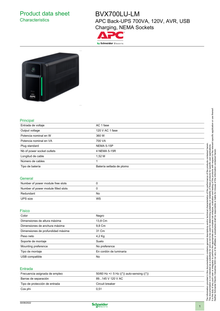 UPS APC línea interactiva BVX700LU-LM 700VA/360W AVR 4 NEMA 5-15R con protección de batería 1 puerto USB carga 5V/1A